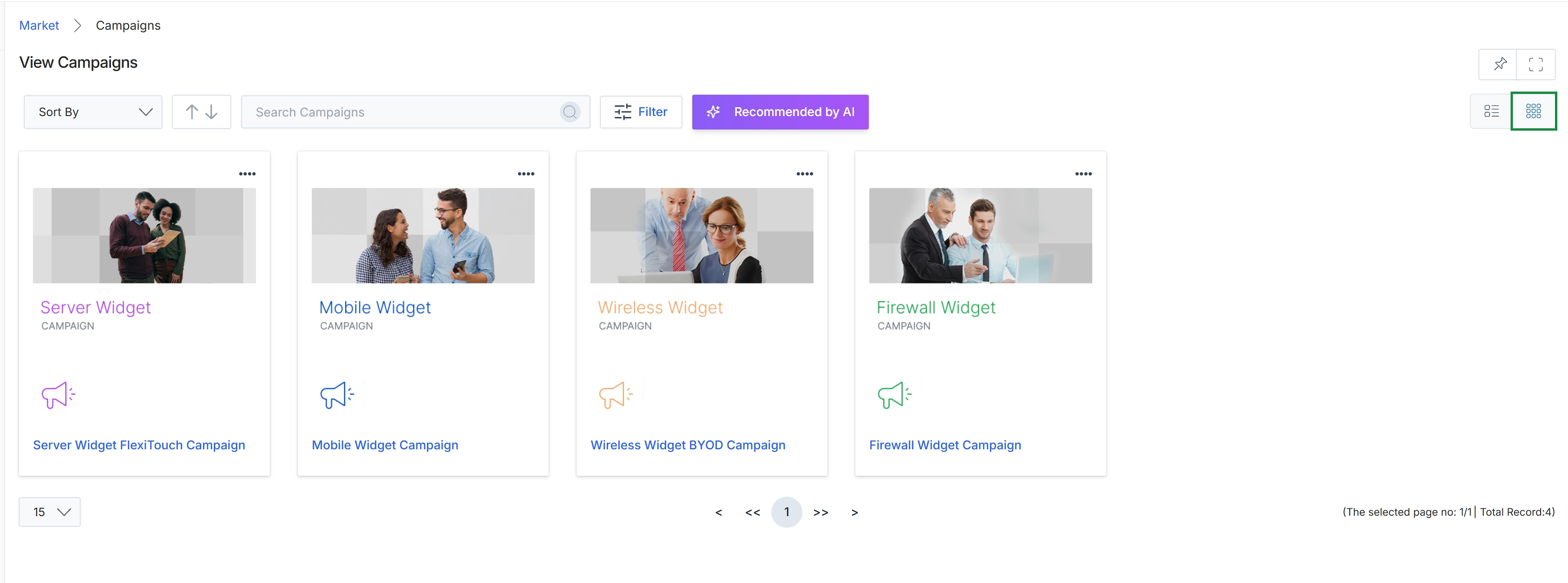 Campaigns list in grid view