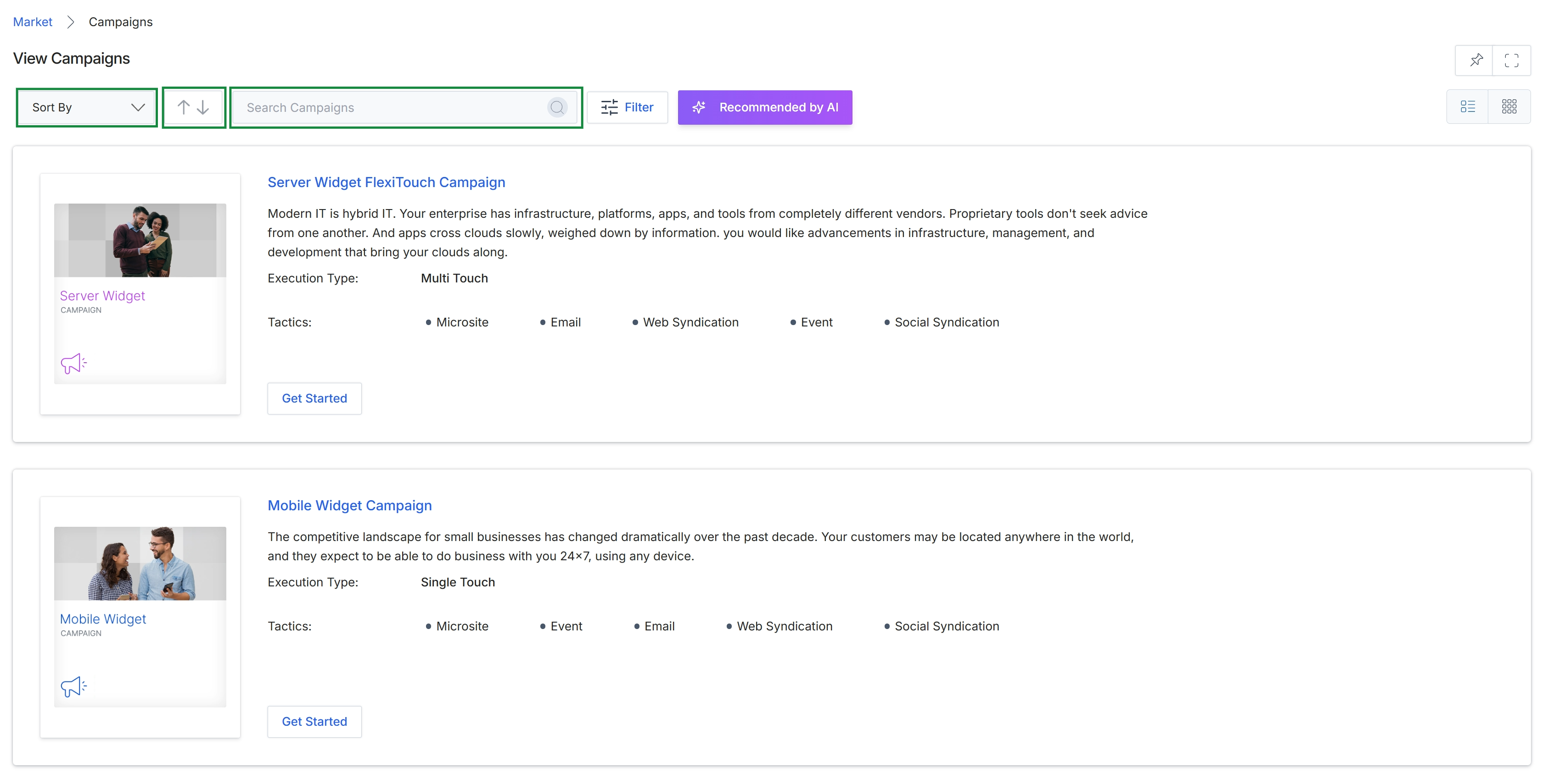 Campaign catalog with search and sort options