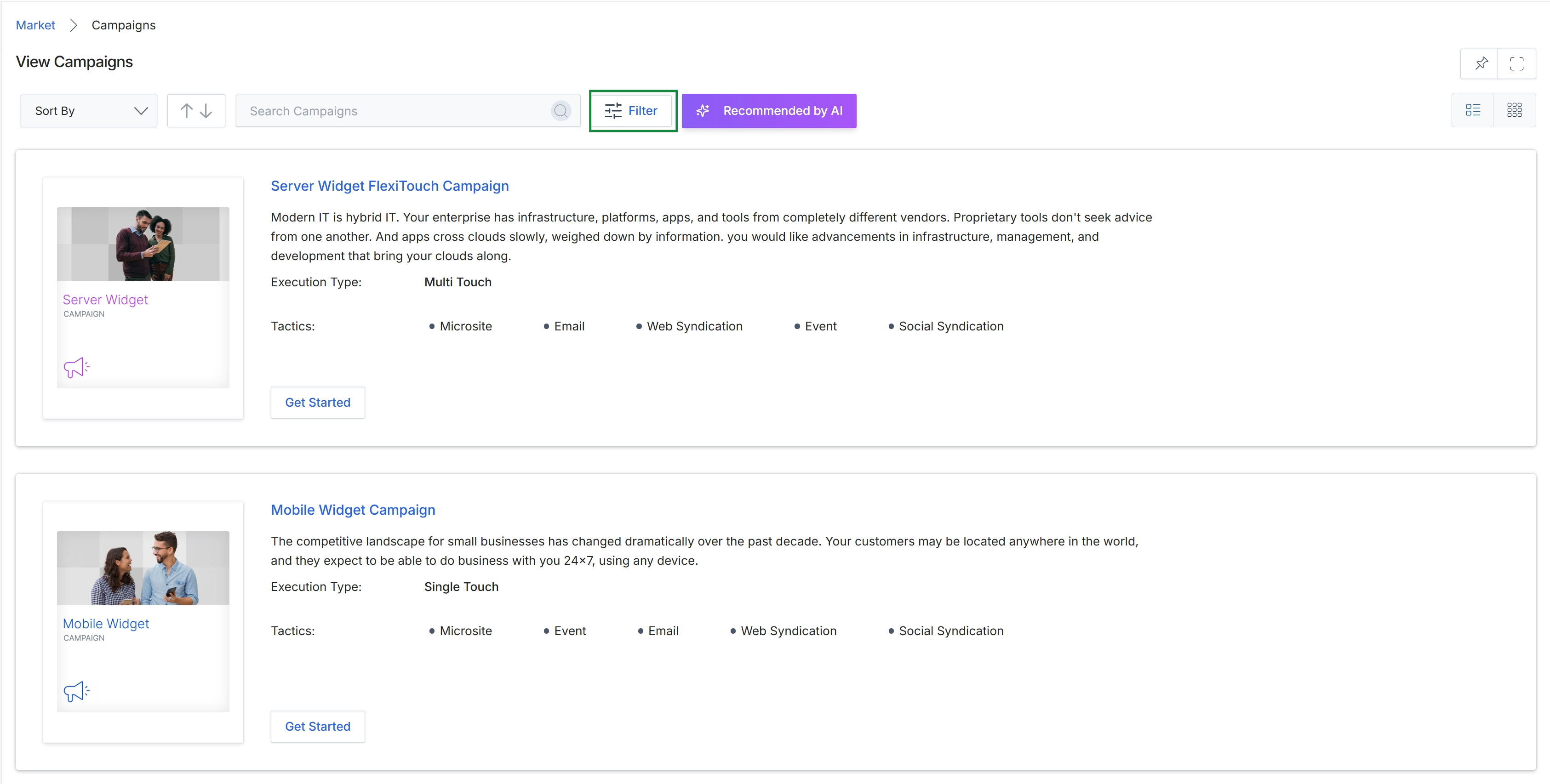 View Campaigns list page