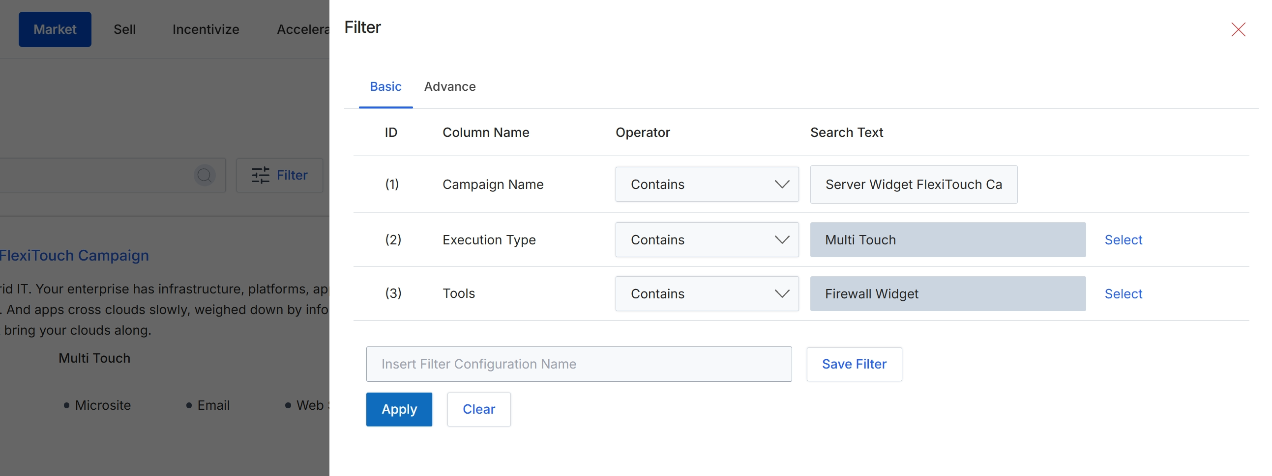 Campaigns filter panel