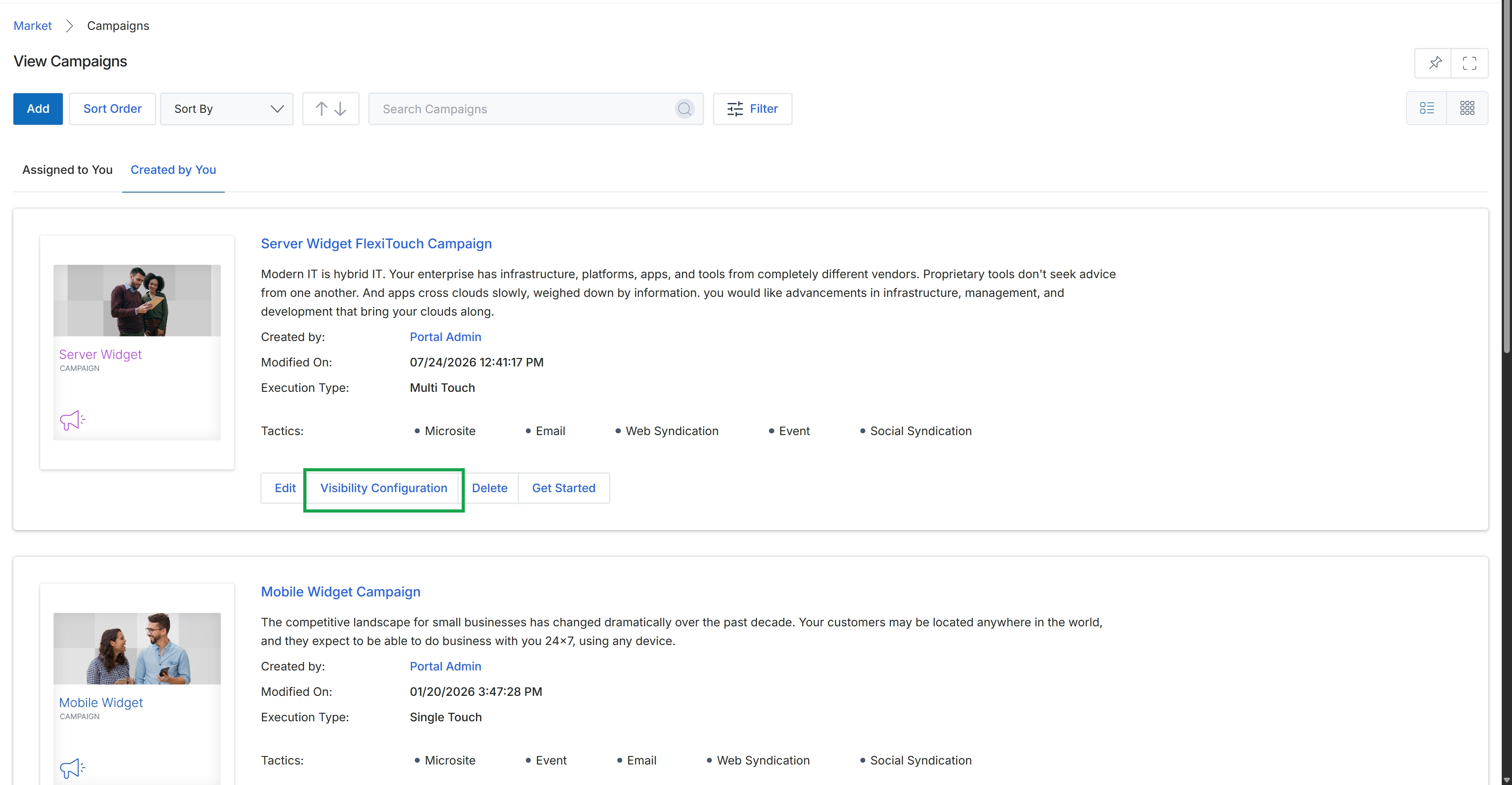 View Campaigns page with campaign details