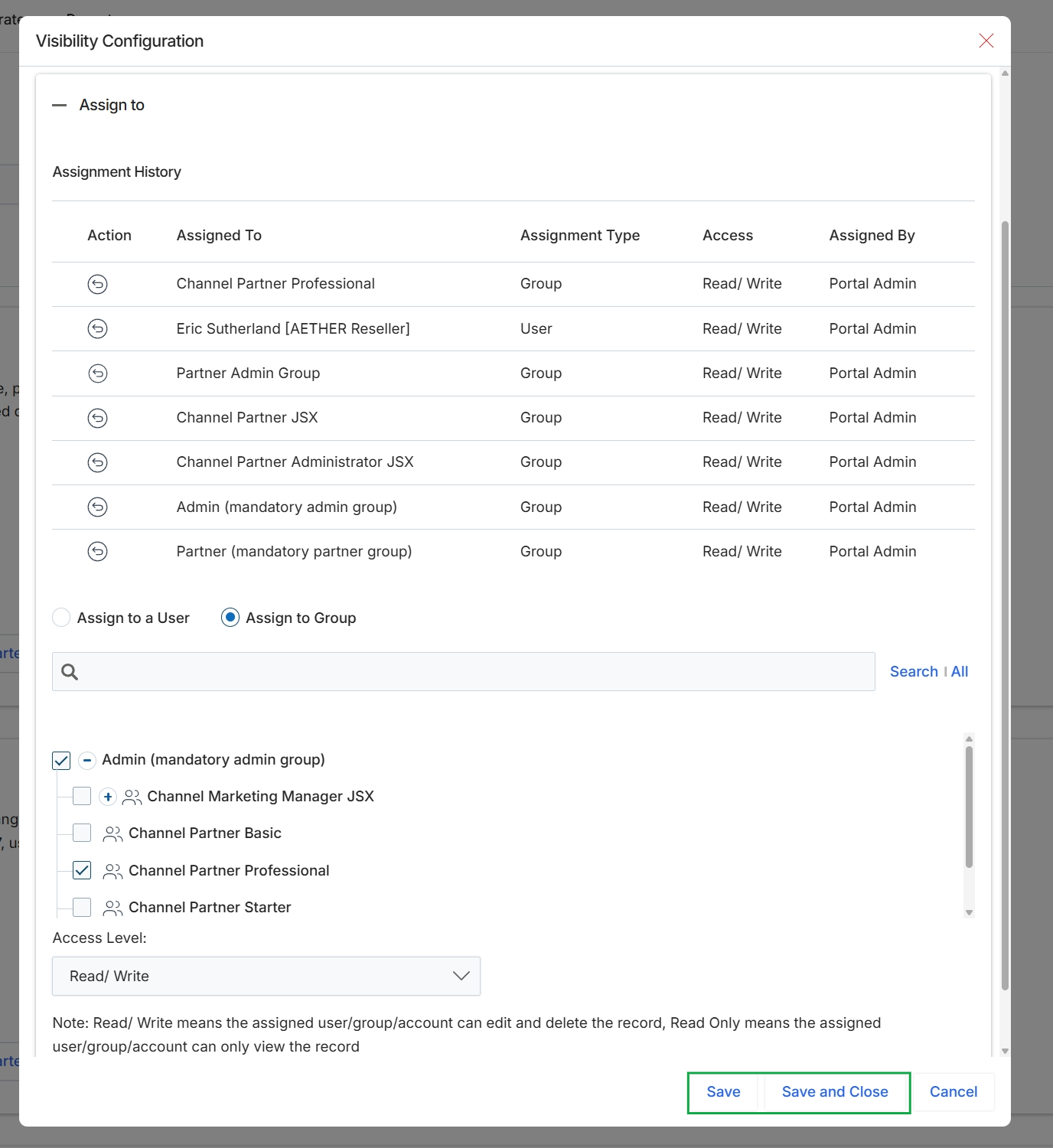 Visibility Configuration dialog