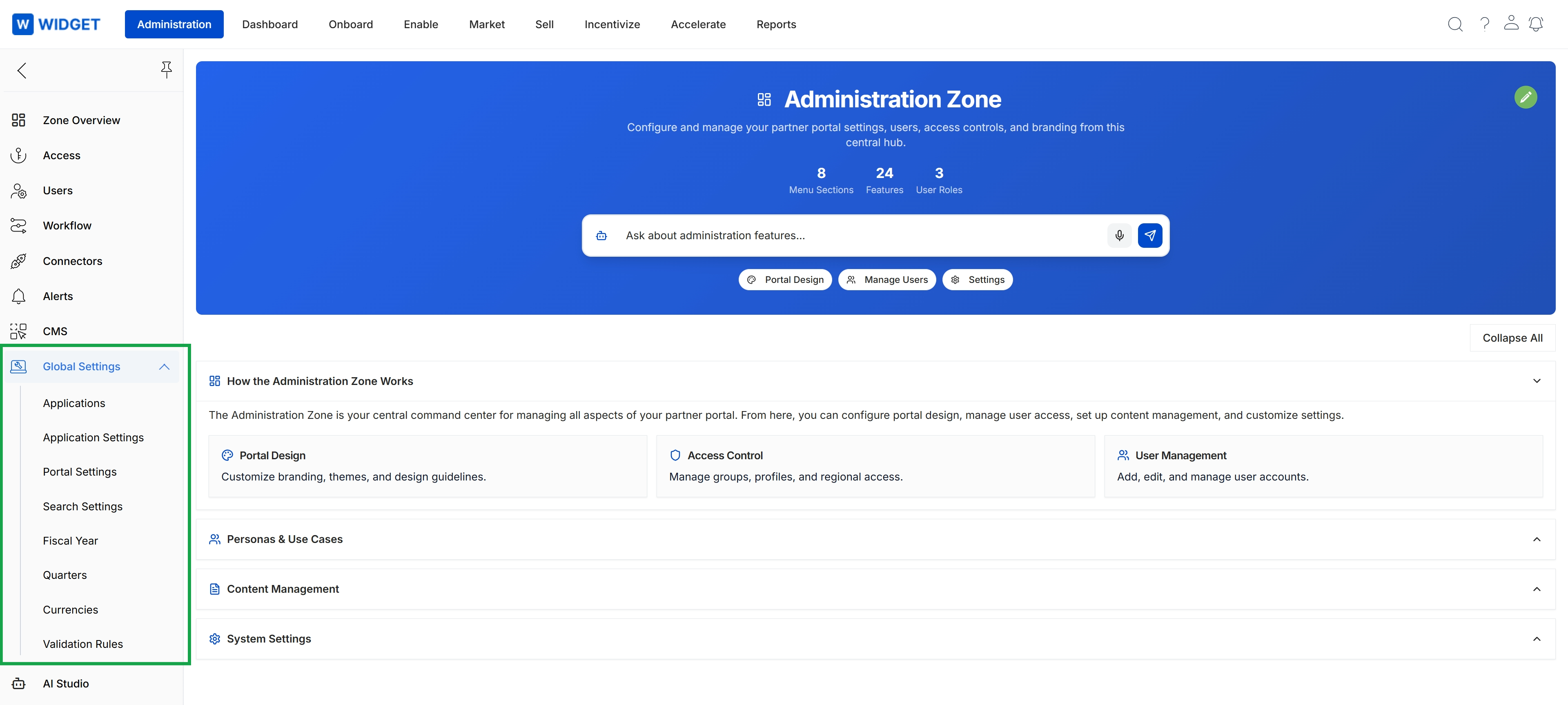 Administration Zone with Global Settings menu expanded