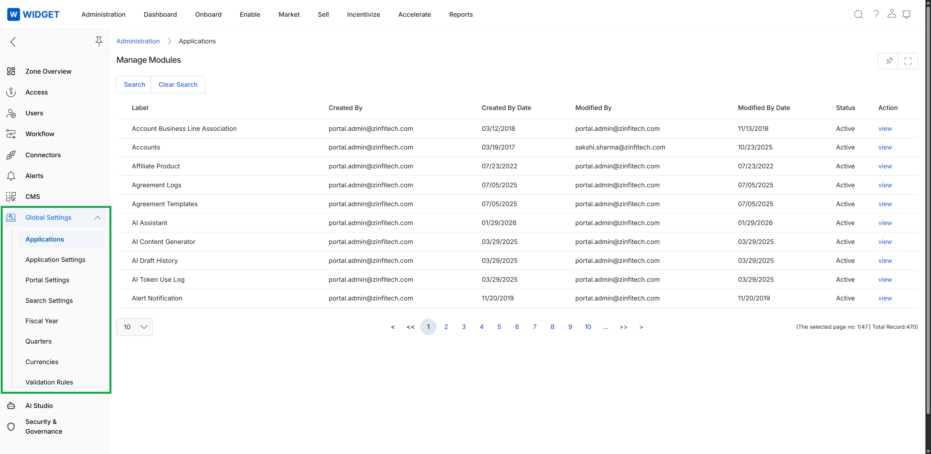 Manage Modules list in Global Settings