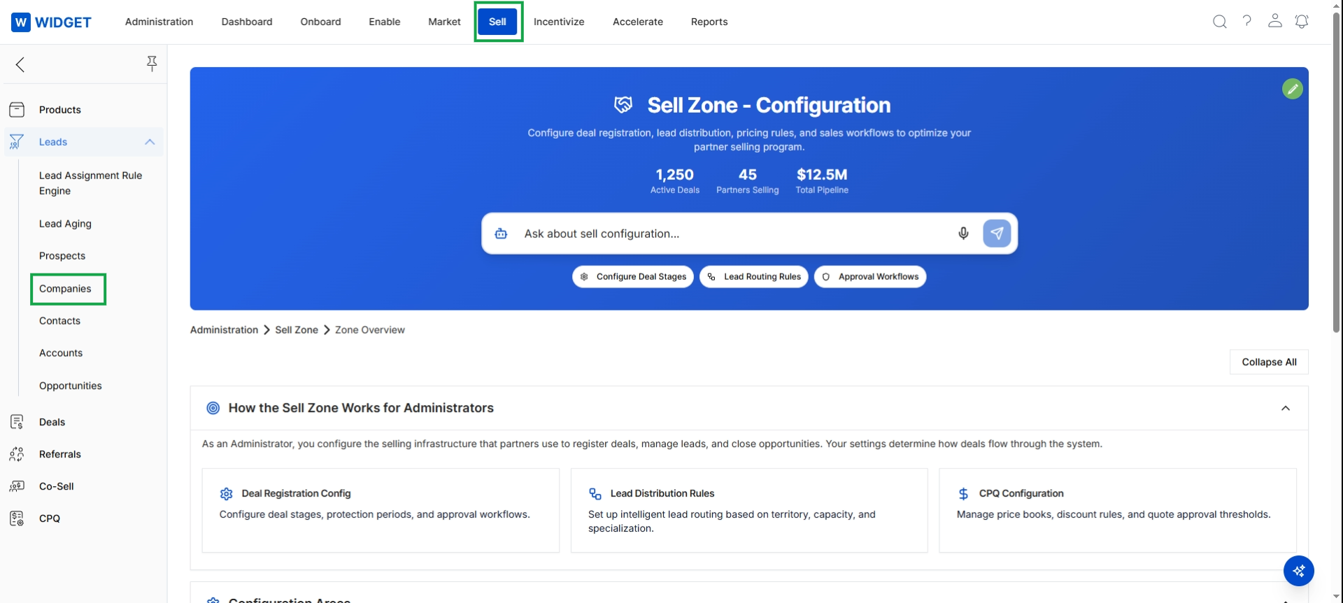 Sell Zone Overview with Leads submenu expanded