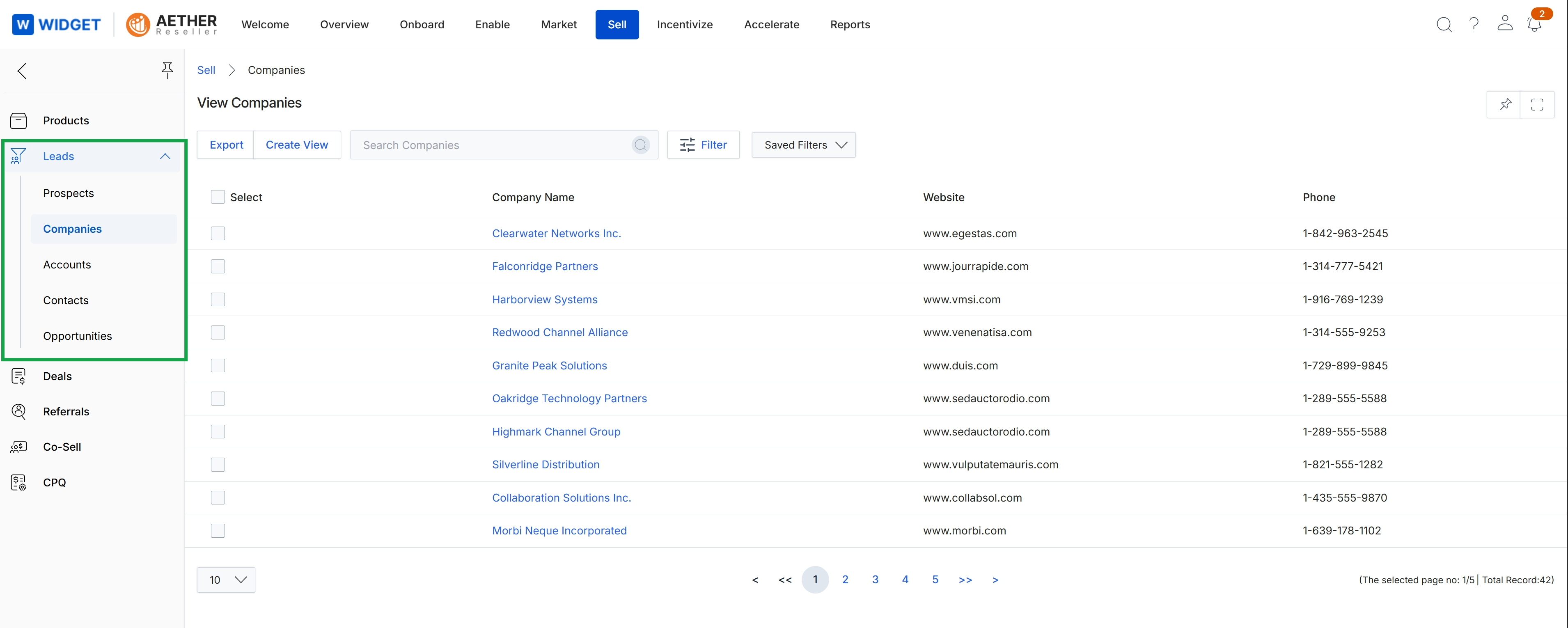 Companies list view in the Sell module