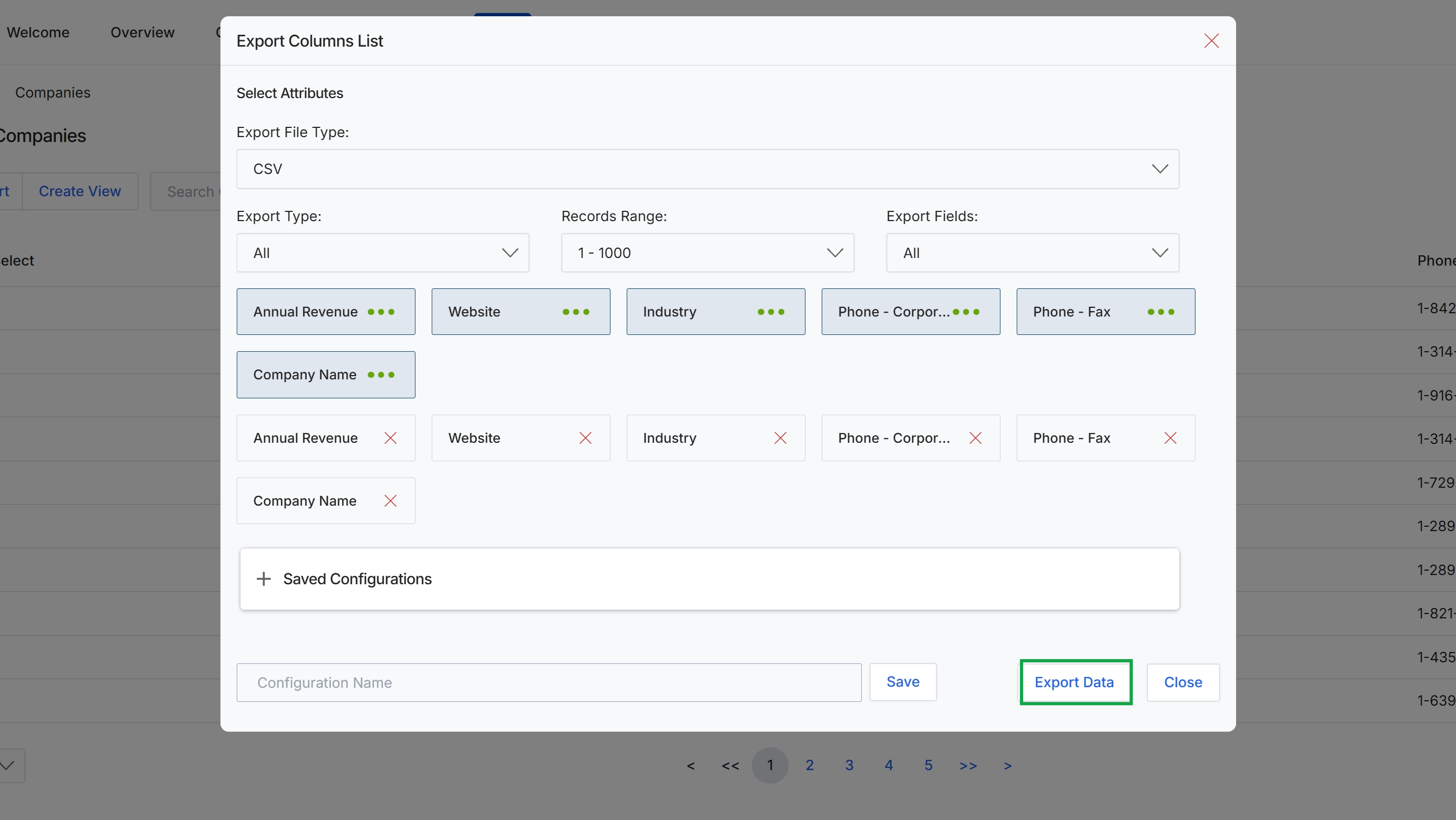 Export Columns List dialog