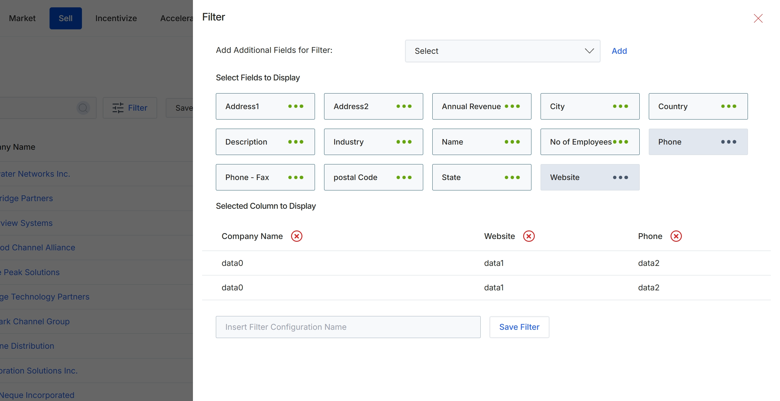 Filter configuration modal