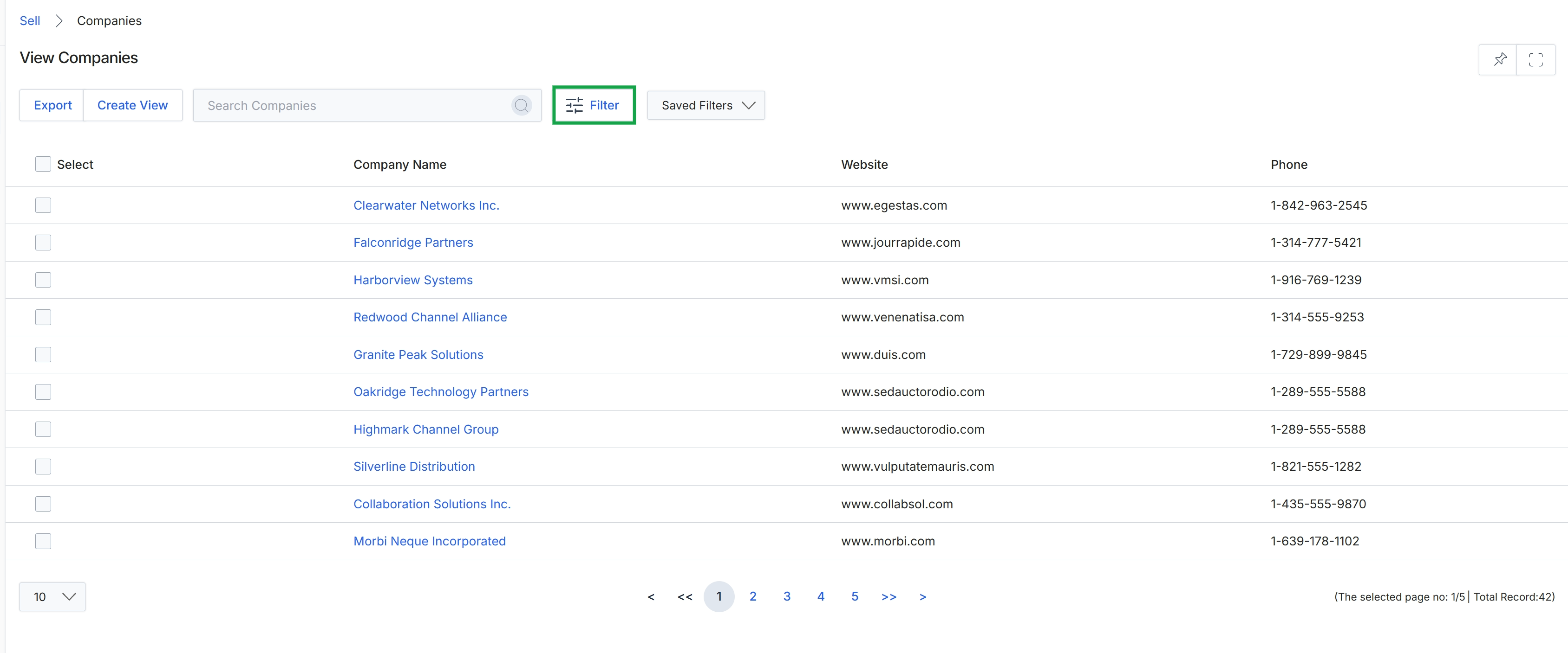 View Companies list page with filter panel closed