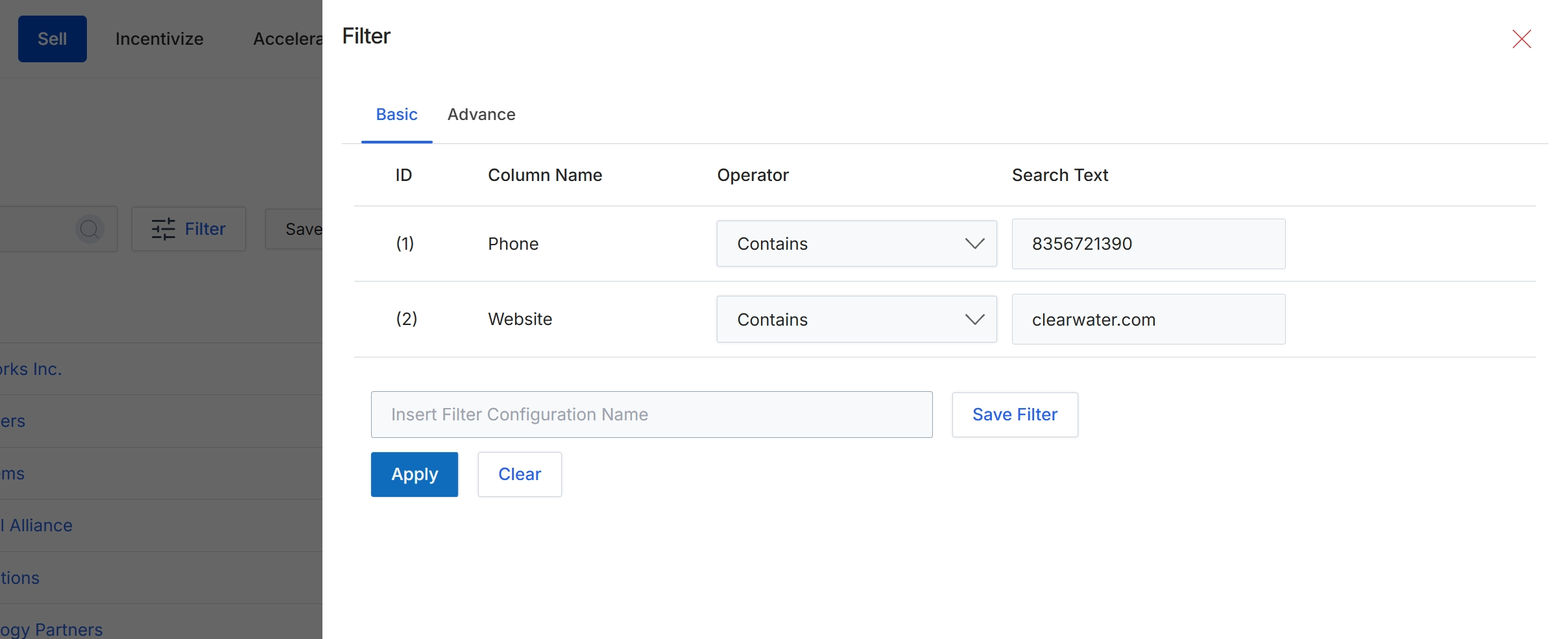 Filter dialog with conditions