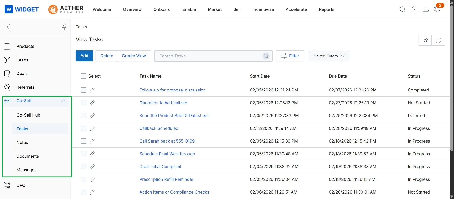 Co-Sell Tasks list view