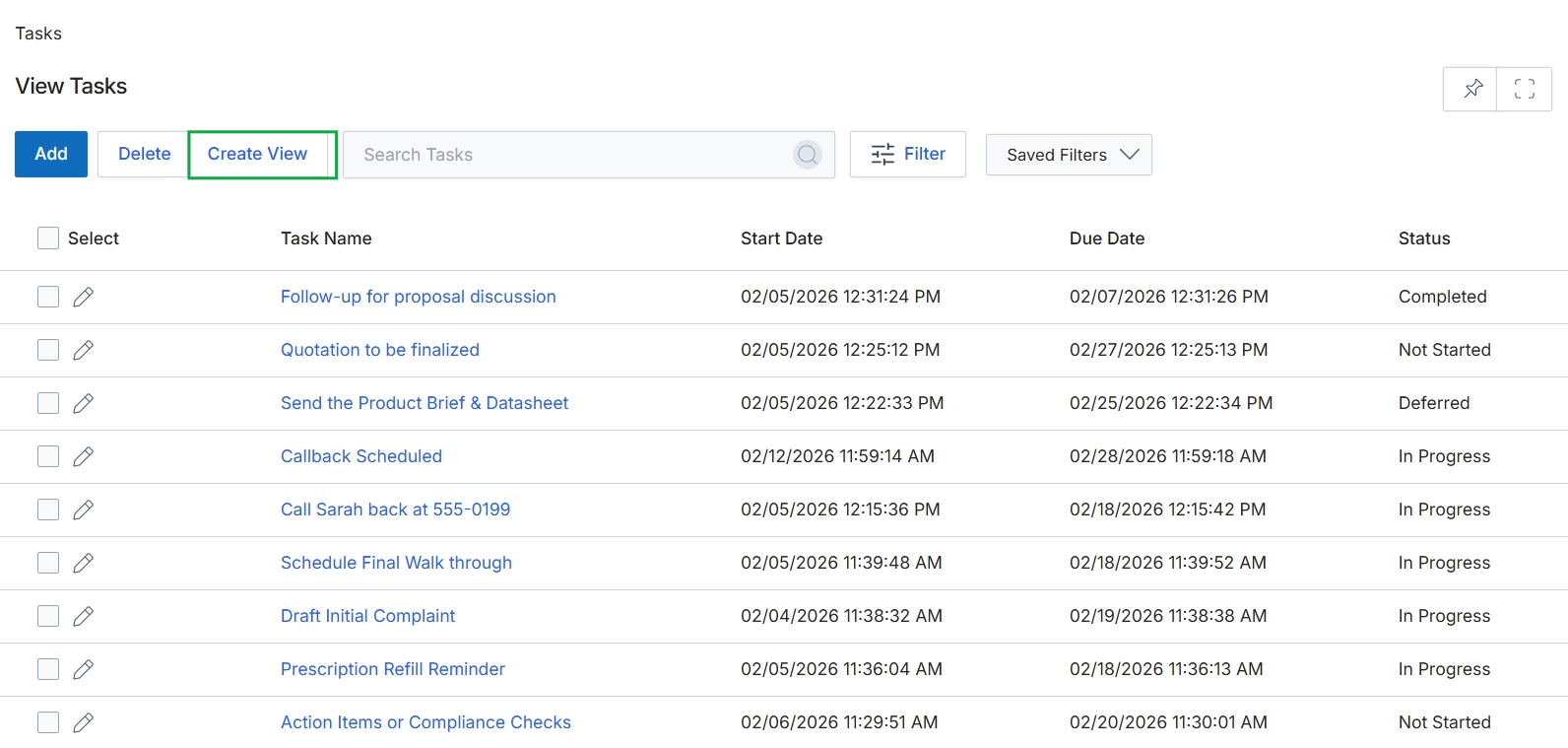 View Tasks screen with Create View button highlighted
