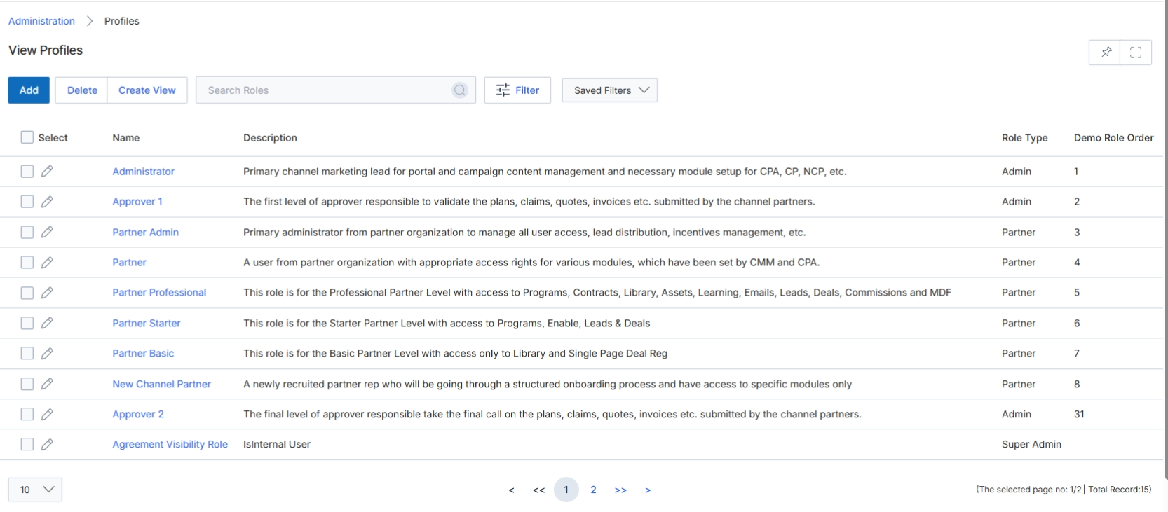 View Profiles list page