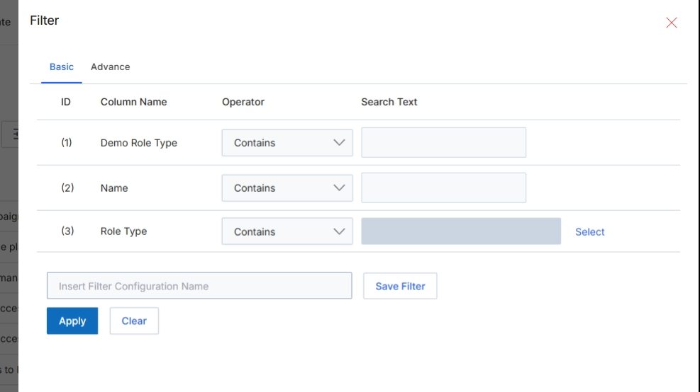 Basic filter configuration for profiles