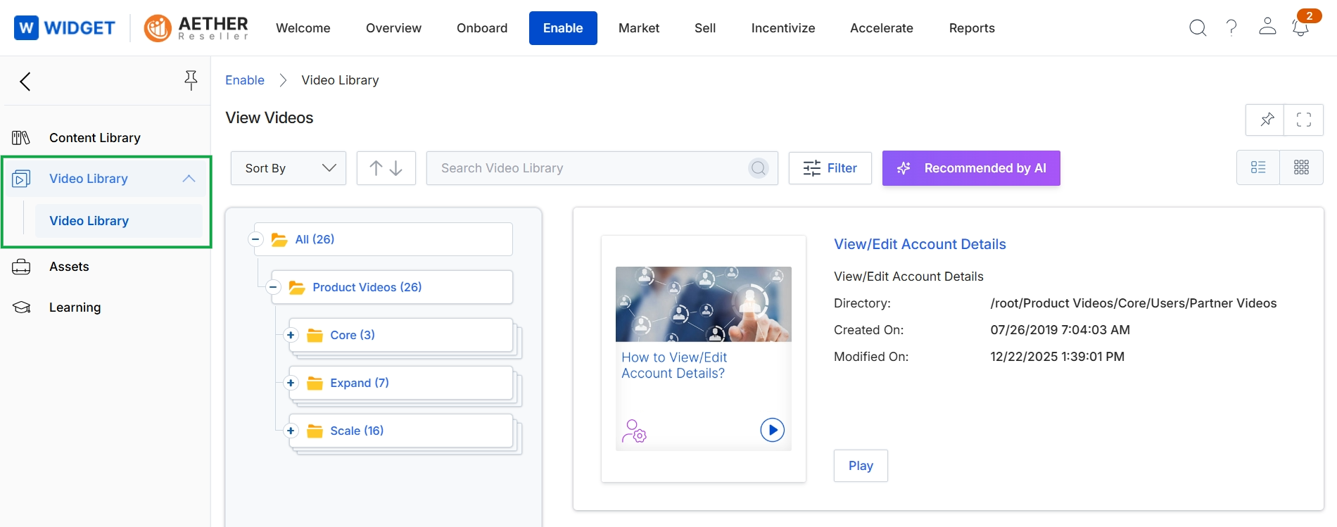 Video Library management view