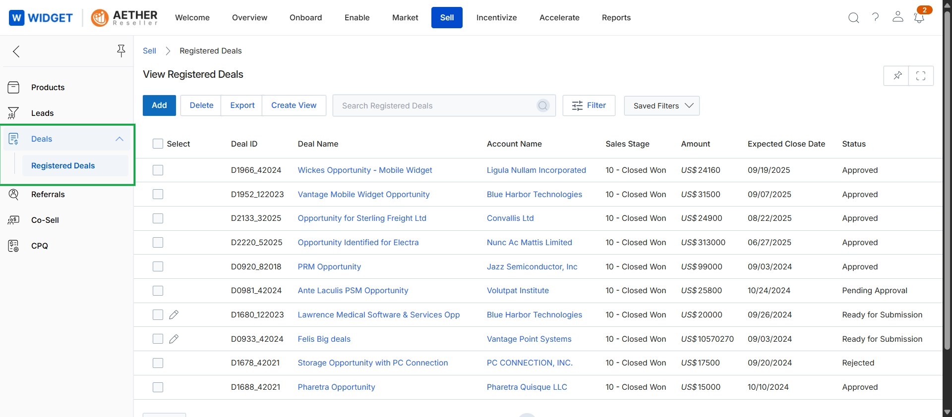 Registered Deals list view