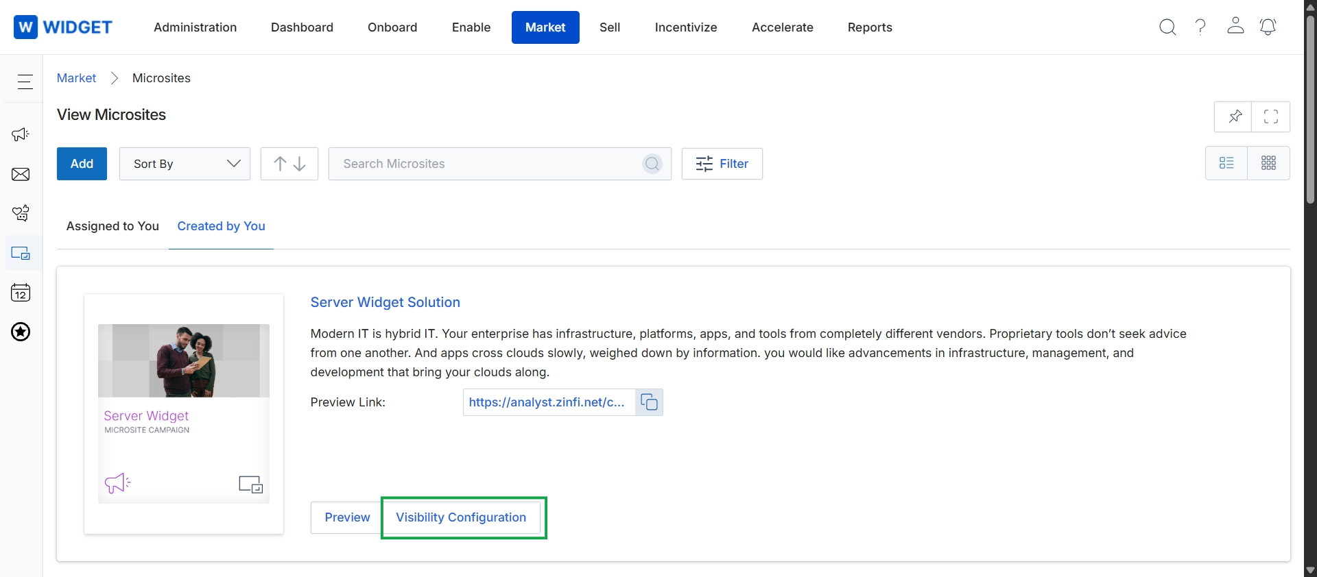 Microsites list view with a microsite selected