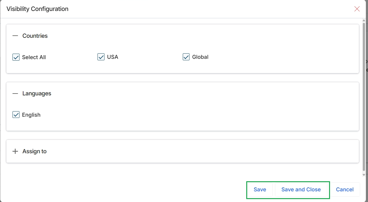 Microsite visibility configuration dialog