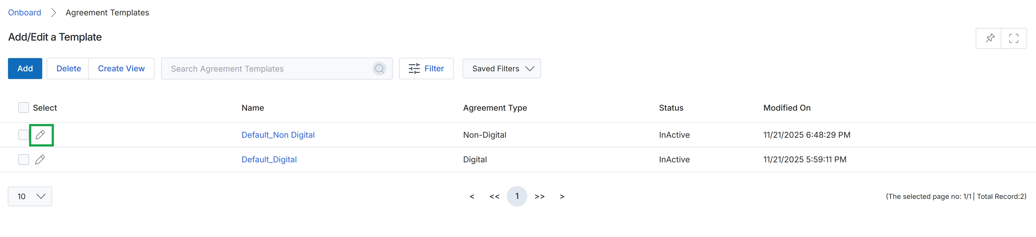 Agreement Templates list view