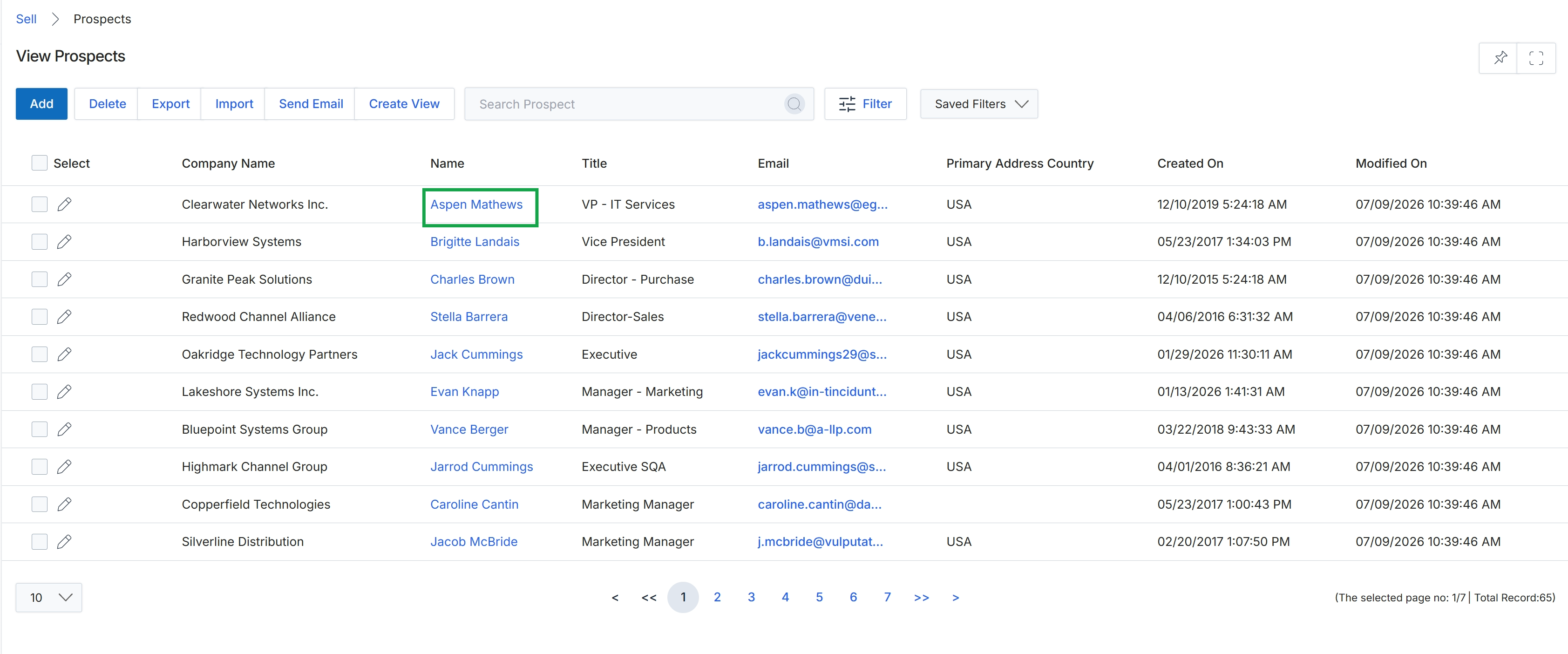 Prospects list view