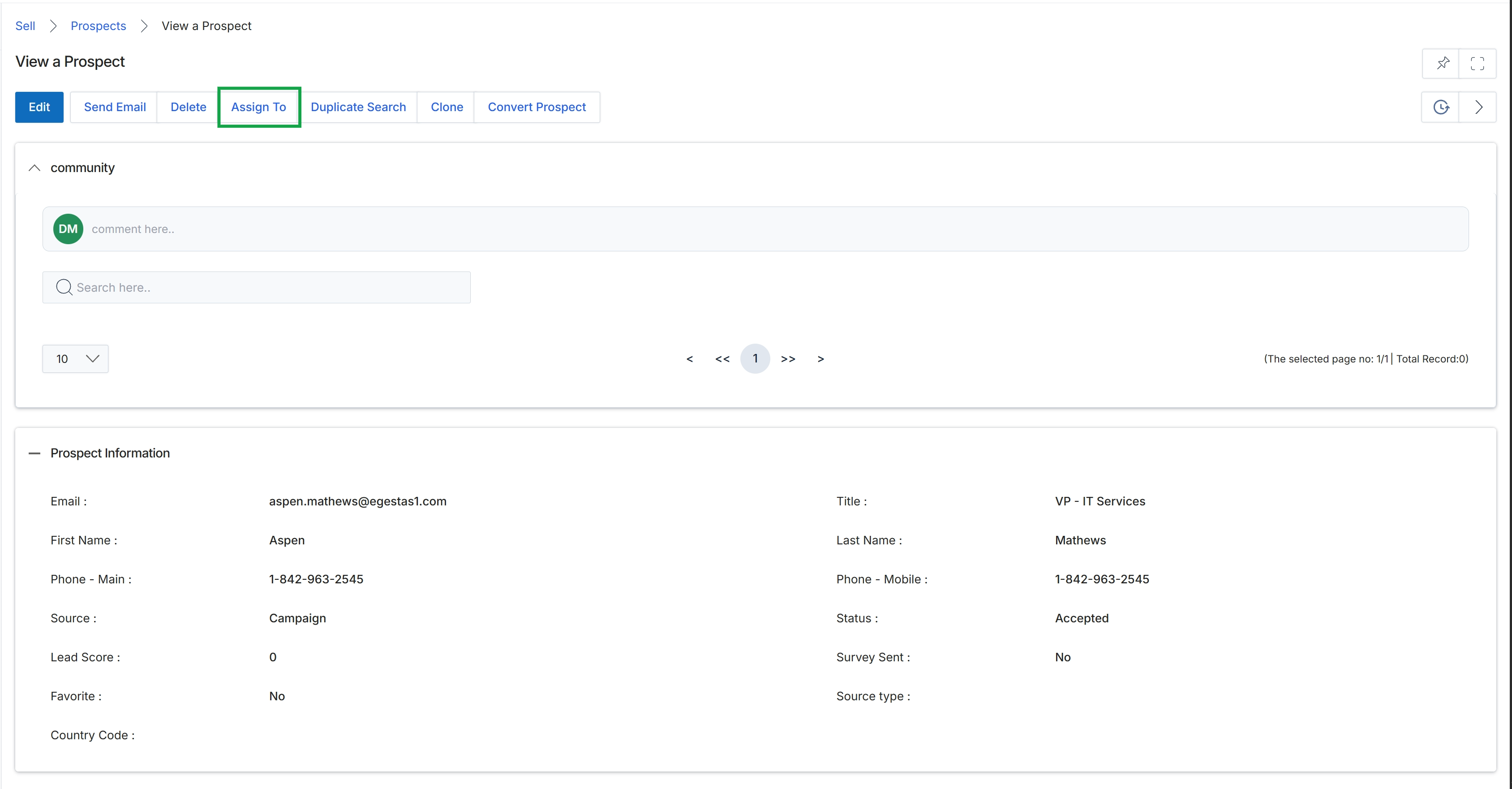 View a Prospect page with Assign To button highlighted
