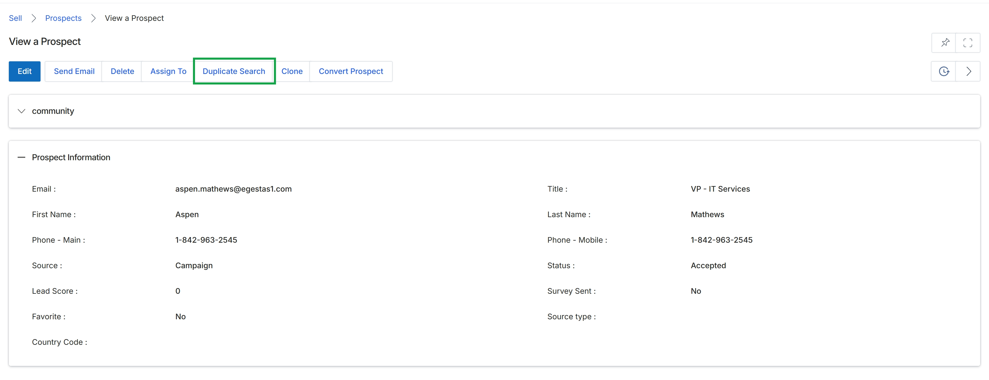 View a Prospect page with Assign Records modal closed