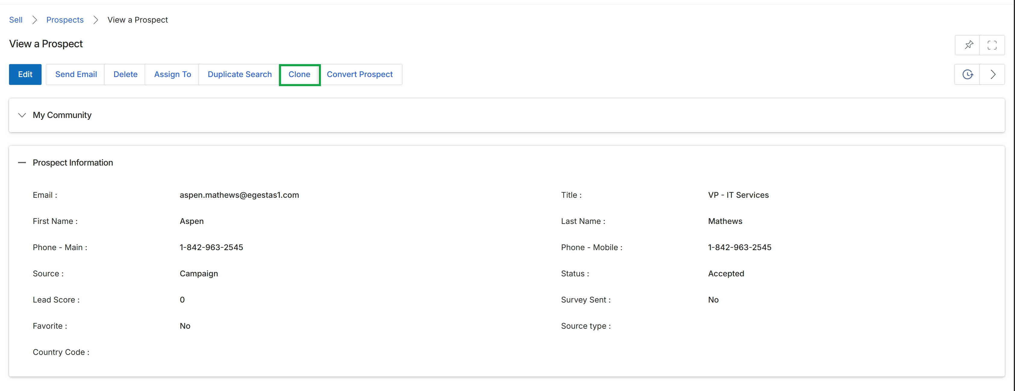 View a Prospect search results