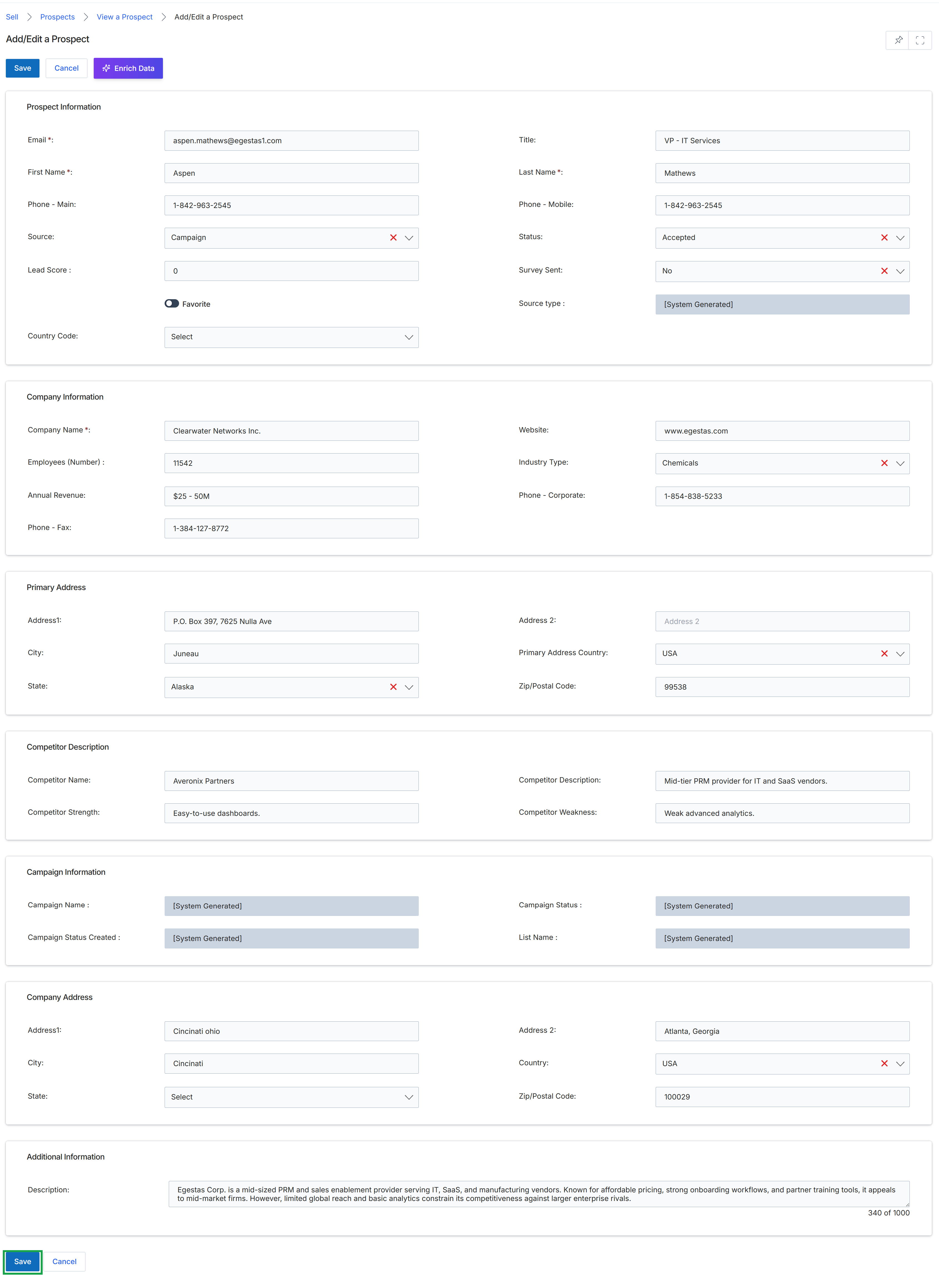 Add/Edit Prospect detail form