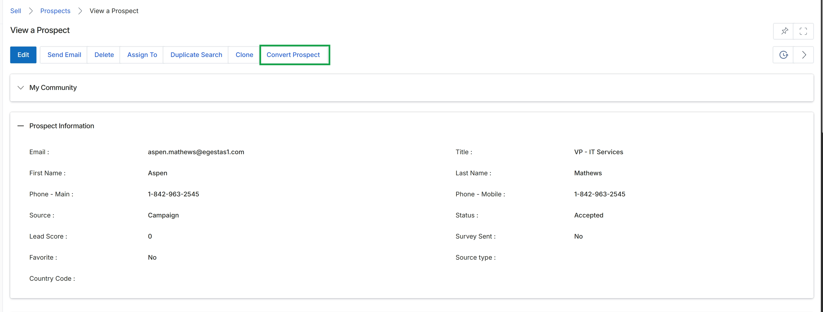 View a Prospect screen with action buttons