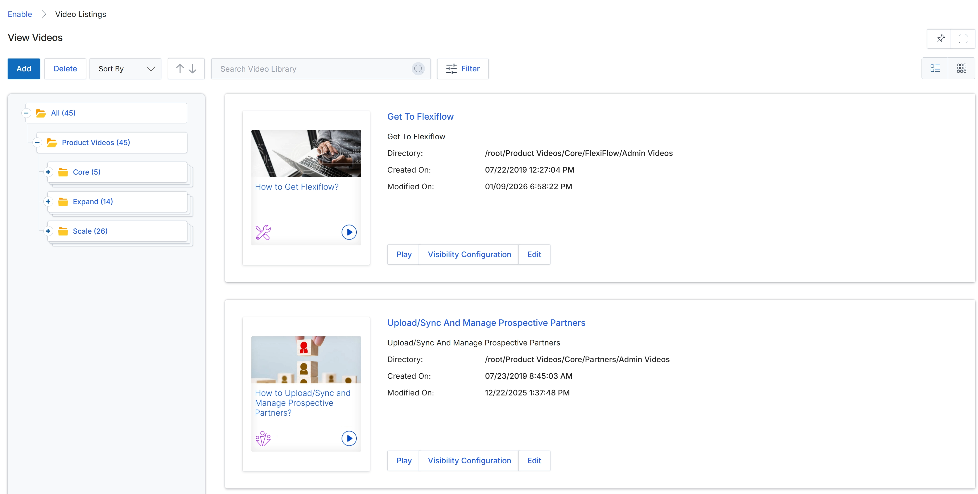 Video Listings page