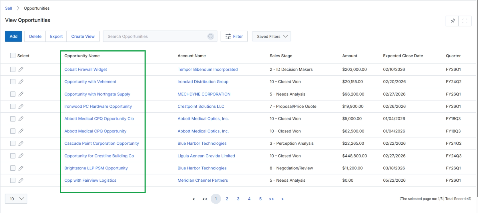 Opportunities list view