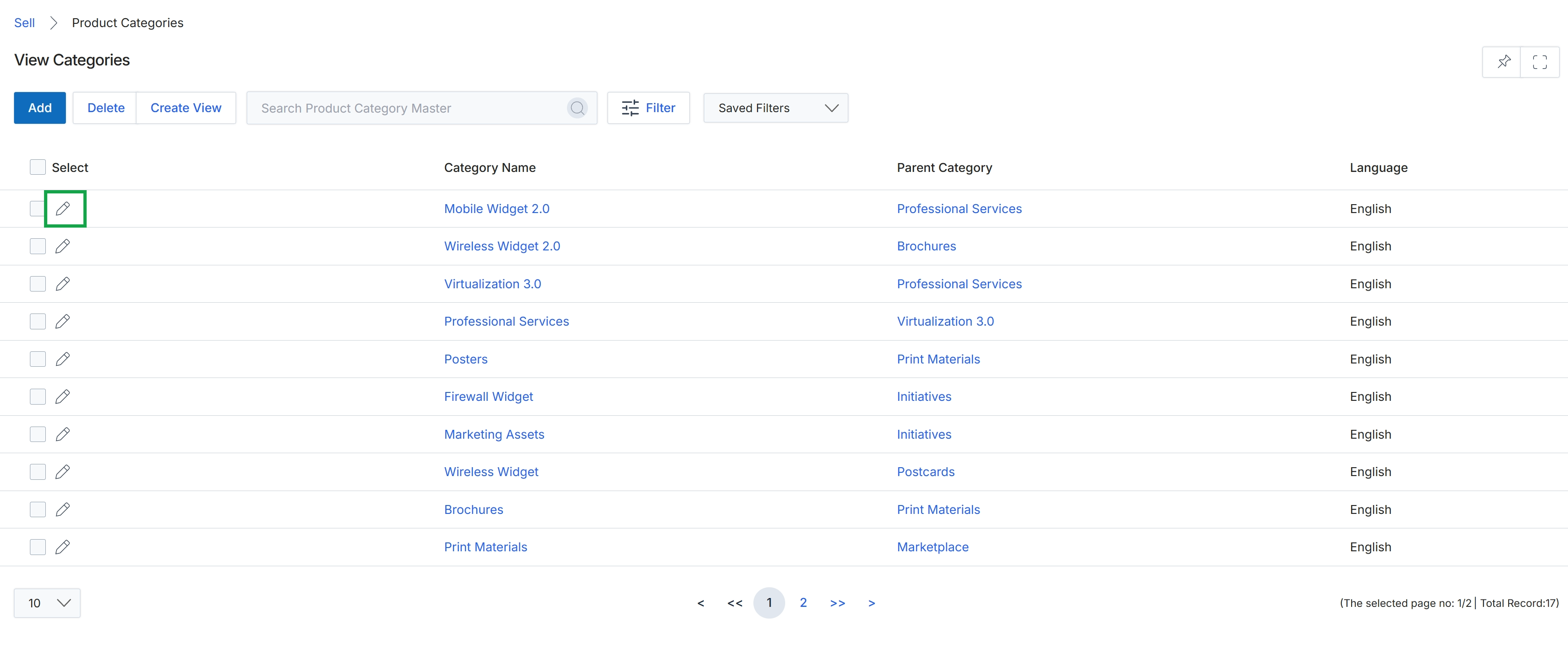 View Categories list with edit icons