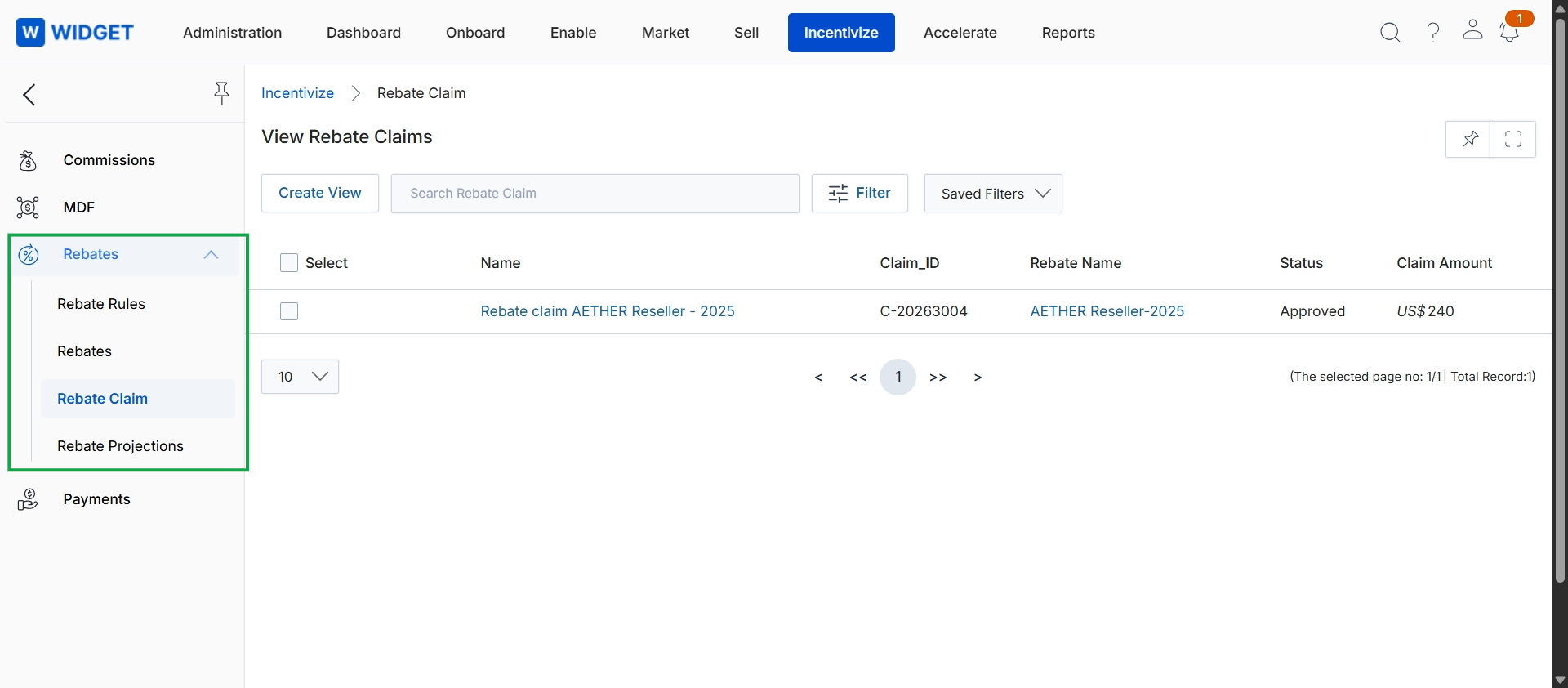 Rebate Claim list view