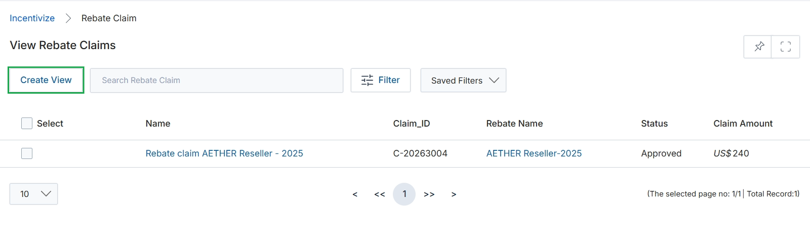 Rebate Claim list view