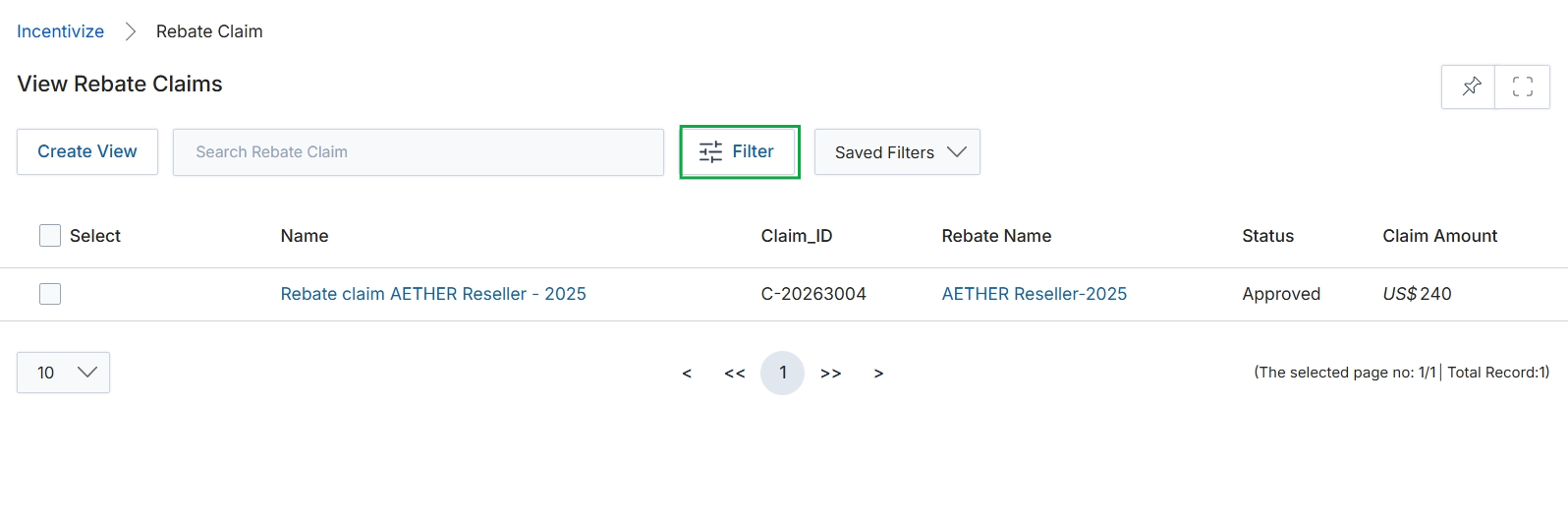 View Rebate Claims page with Filter button highlighted