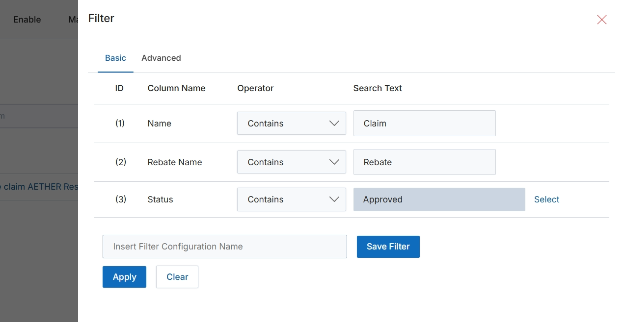 Rebate Claims Filter dialog