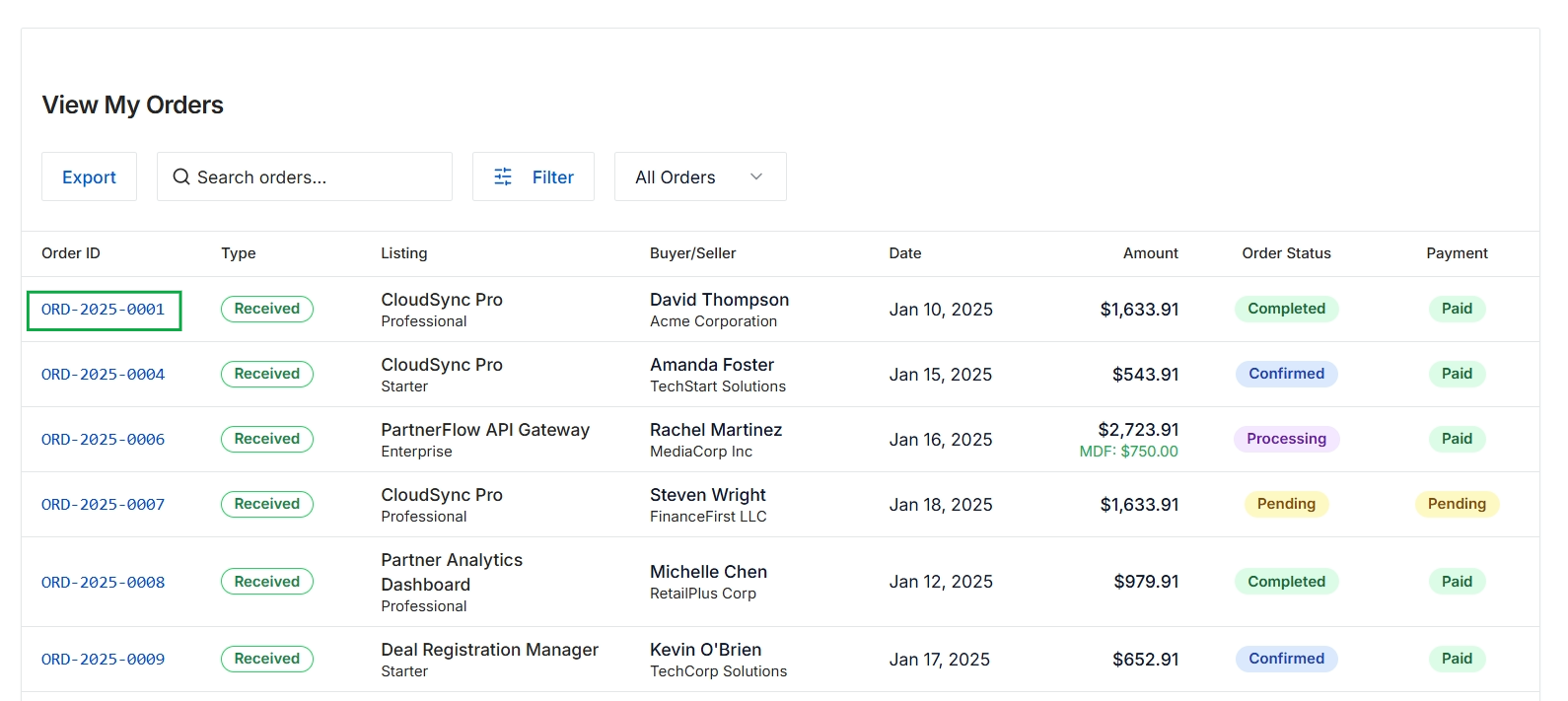 View My Orders list page