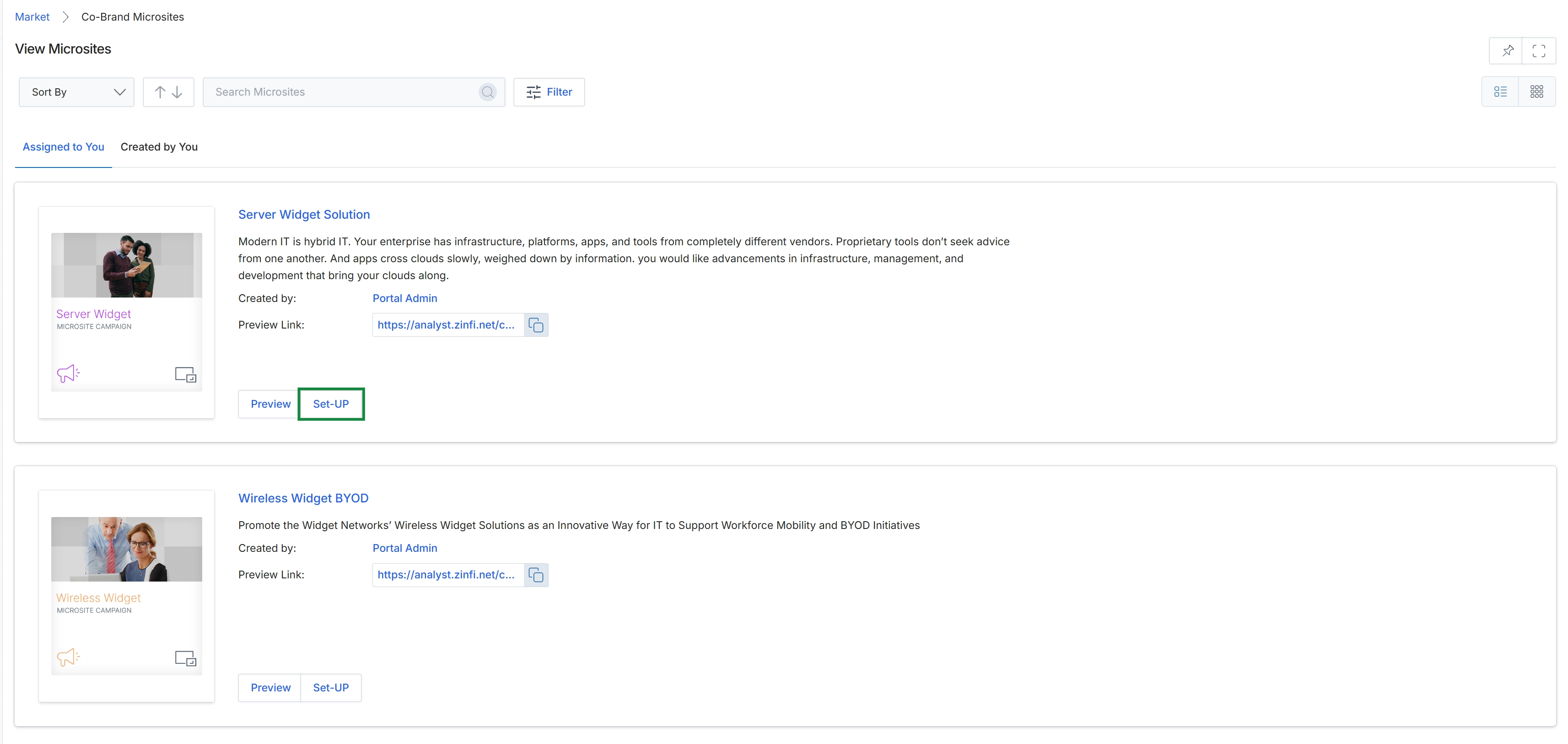 View Microsites list page