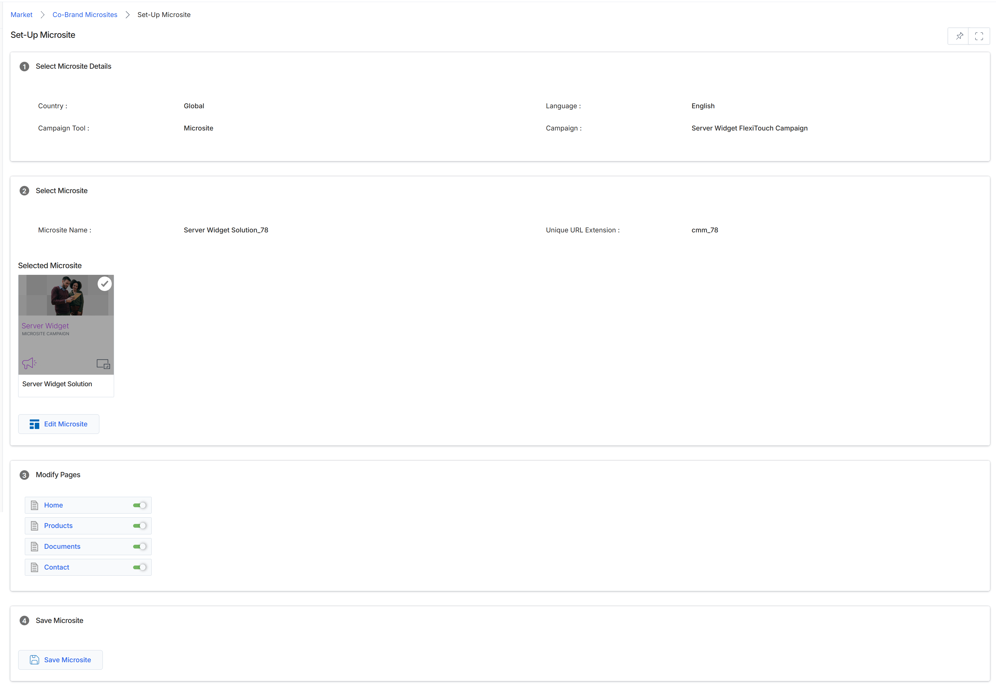 Set-Up Microsite configuration screen