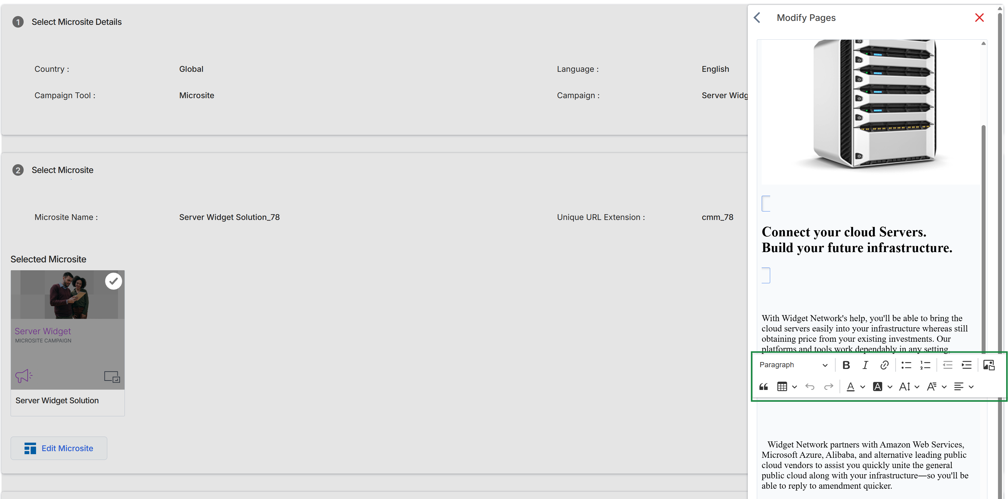 Microsite configuration and live preview