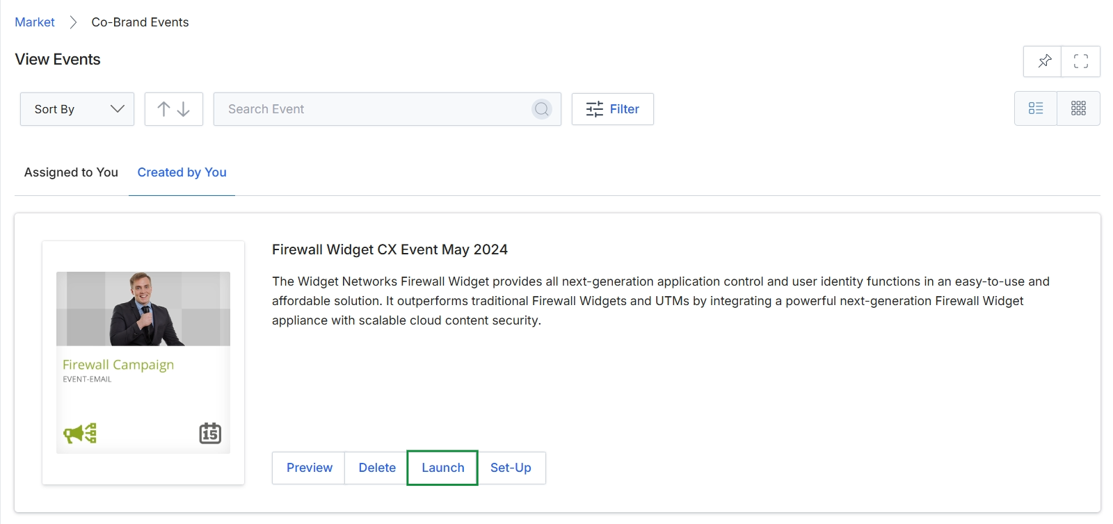 View Events page with campaign details.