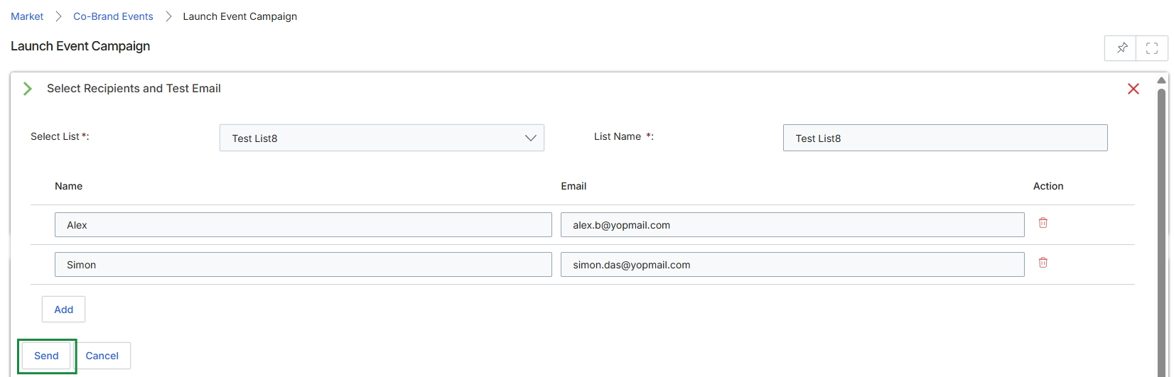 Select Recipients and Test Email screen