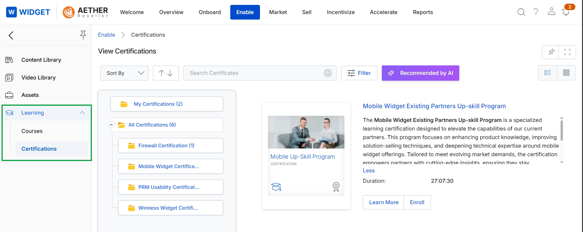 View Certifications page with left navigation expanded