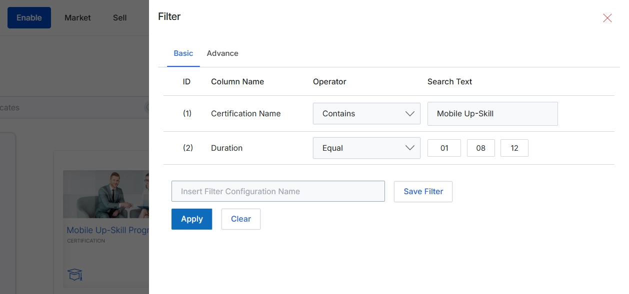 Filter dialog for Certifications