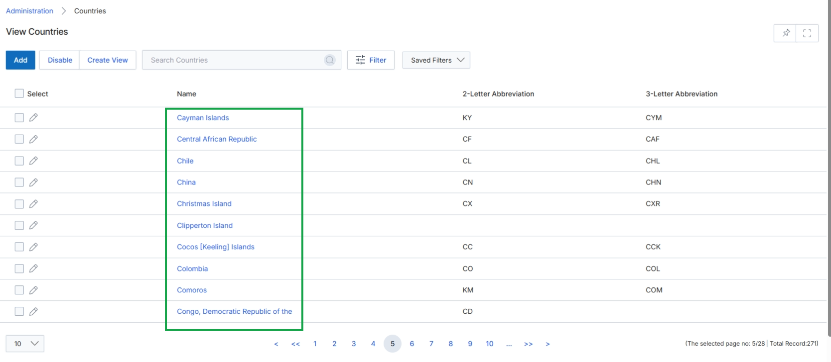 View Countries list page