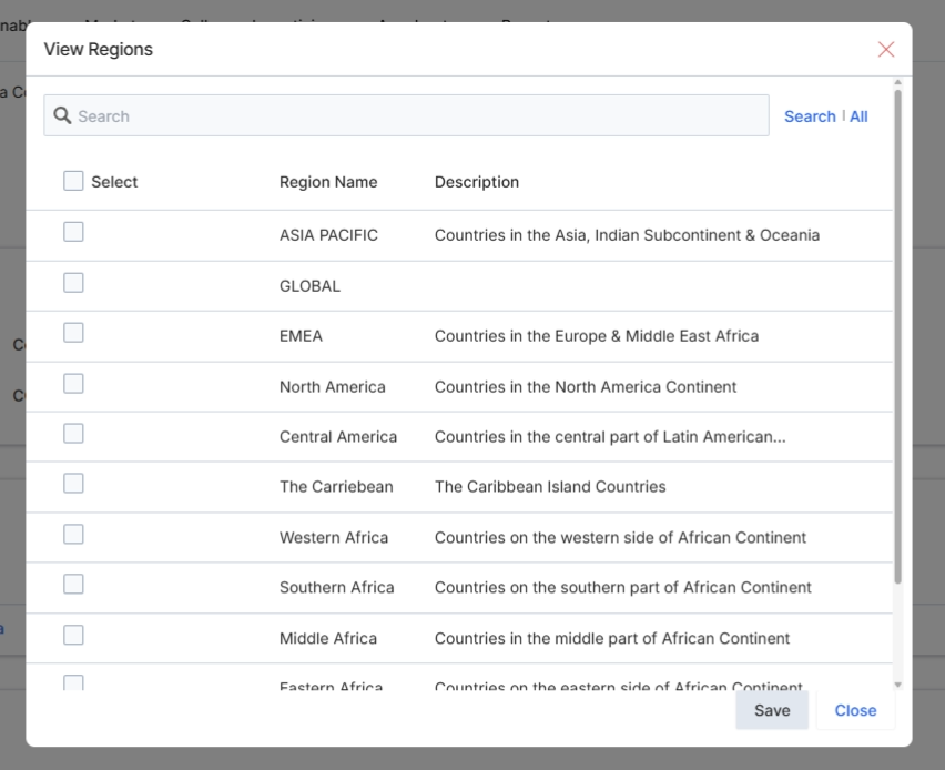 View Regions dialog