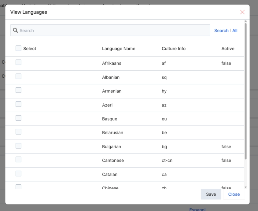 View Languages modal