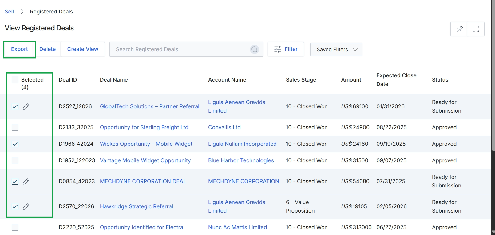 View Registered Deals list with Export button highlighted