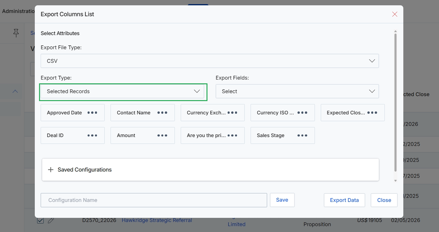 Export Columns List dialog