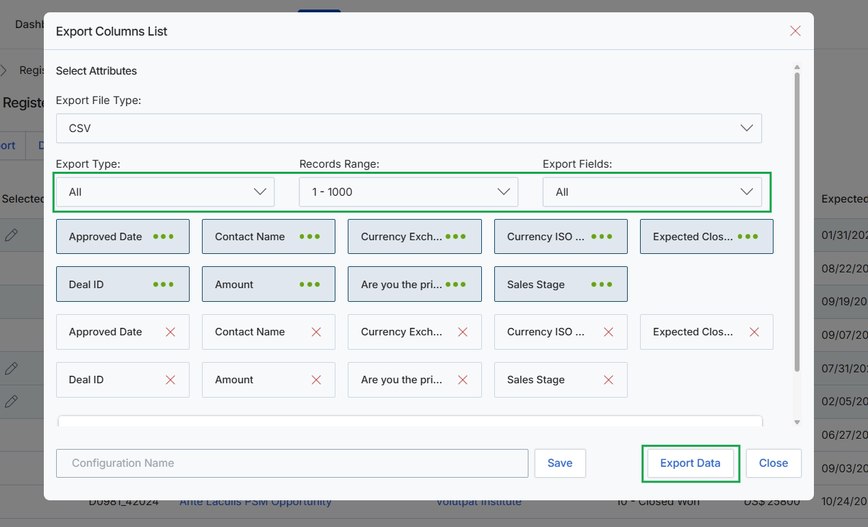 Export Columns List dialog